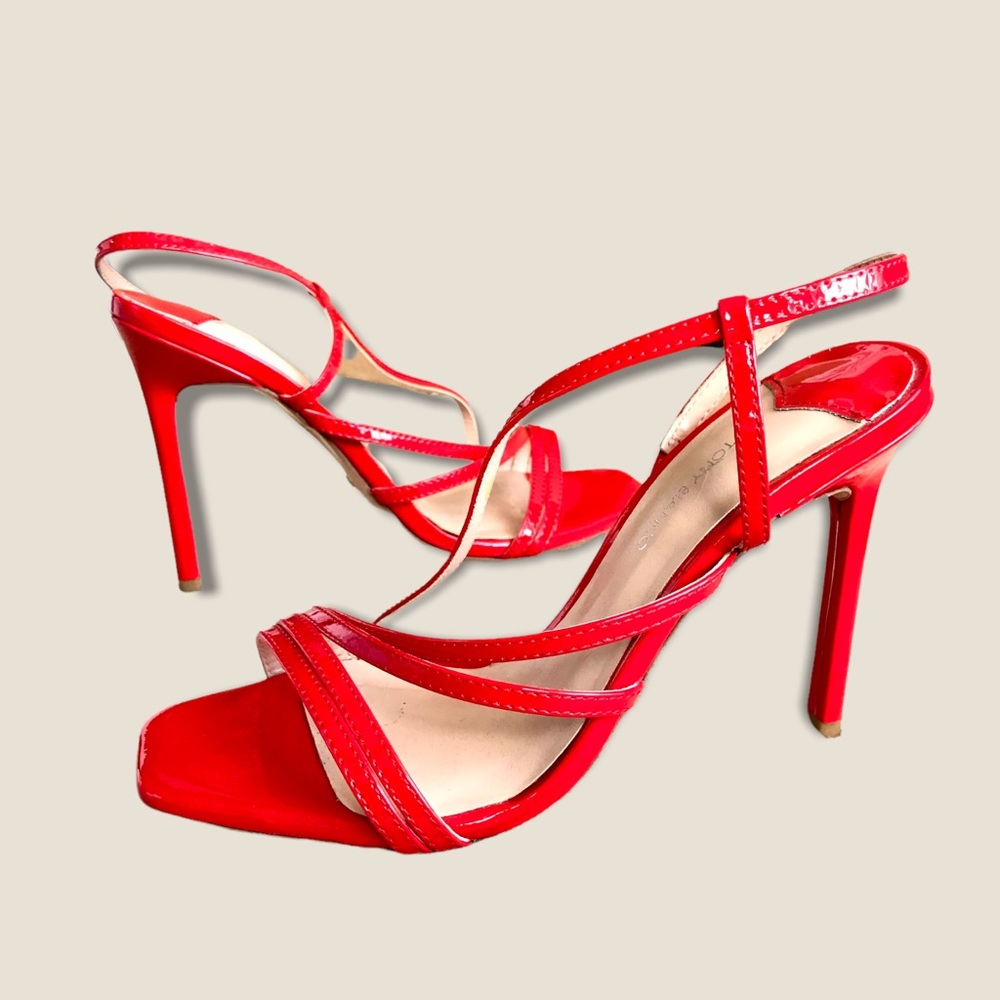 Revolve Tony Bianco Selena Heel Red Patent Leather Strappy Square Toe Stilettos